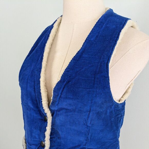 Vintage Corduroy Vest Sherpa Shearling Snap Western Boho 70s 80s Blue Cream L - Picture 4 of 13
